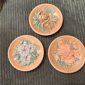 Vintage set of 3 3D floral decorative ceramic wall plaques